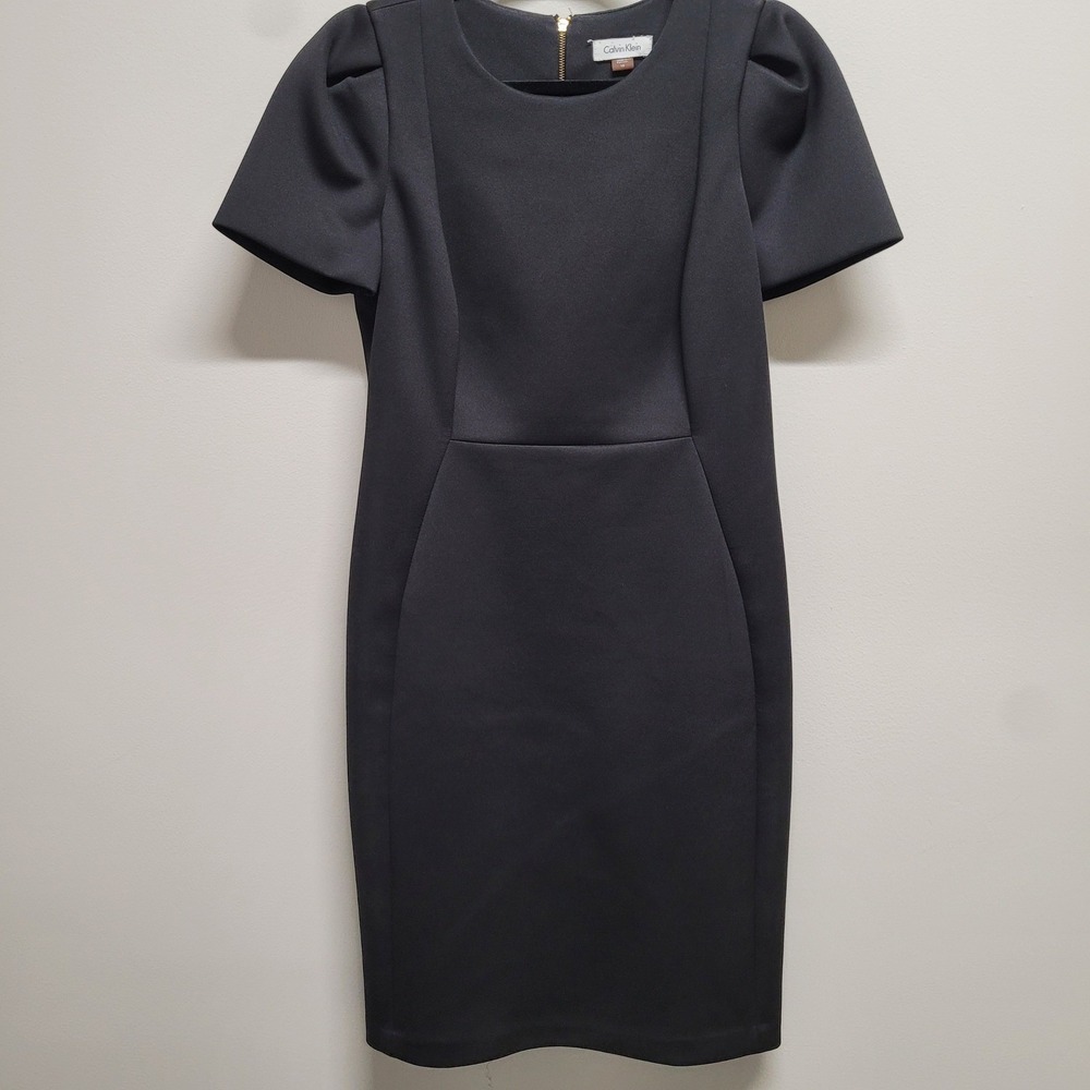 Calvin Klein Womens Black Puff Sleeve Sheath Dress Size 10 Exposed Gold Zipper